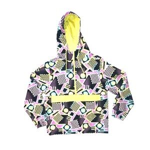 Massive Bright Geometric Print Hooded Windbreaker Jacket Half Zip Pocket XL